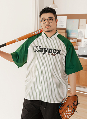 韦恩泽维尔宽松大码男夏棒球领撞色条纹拼接字母印花短袖衬衫9065