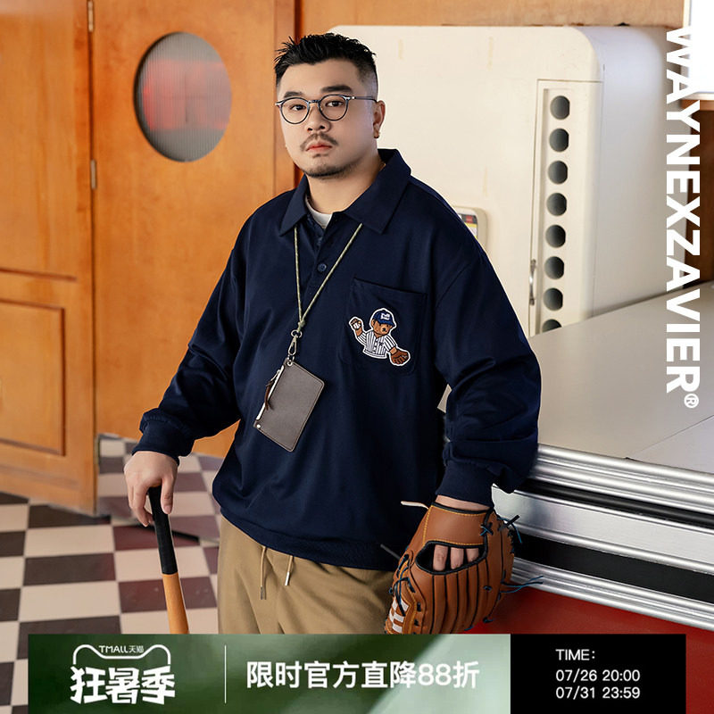 韦恩泽维尔宽松大码秋冬翻领口袋卡通刺绣学院风长袖POLO衫男9313