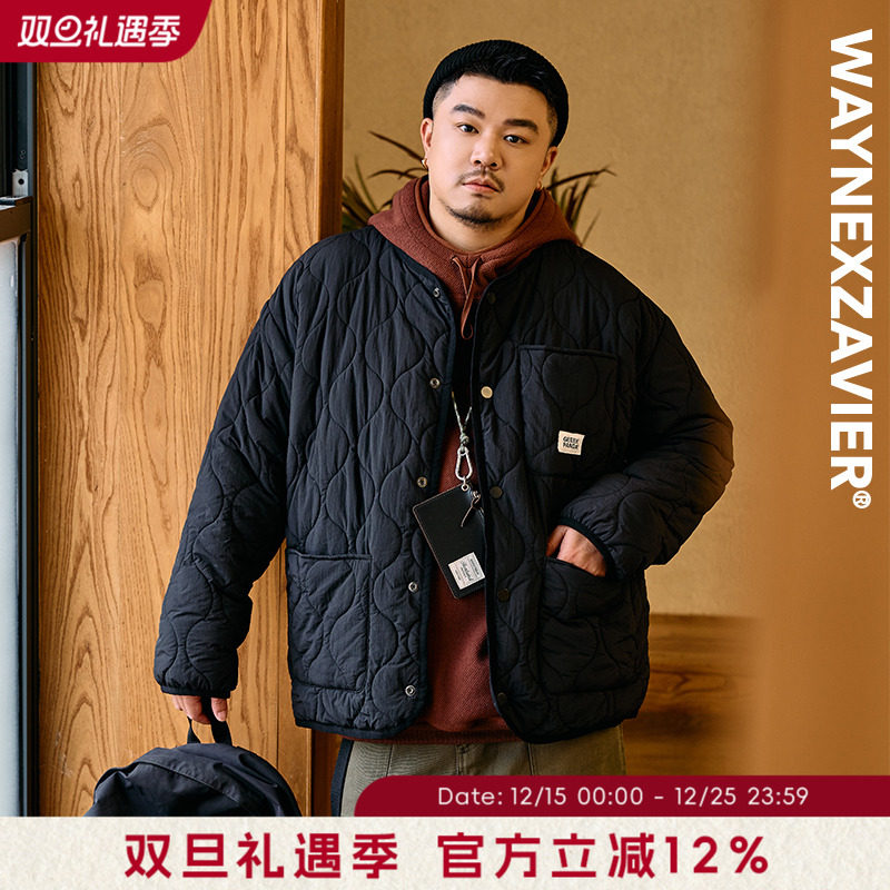 韦恩泽维尔加肥加大宽松大码冬男圆领绗缝工装休闲棉服外套9318