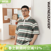 韦恩泽维尔加肥加大男夏大码 9064 宽松翻绿撞色条纹休闲POLO衫