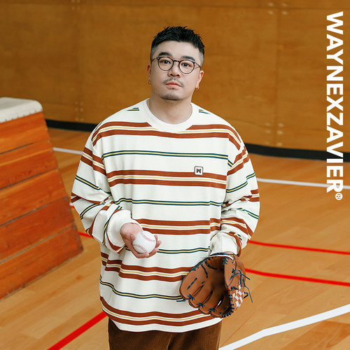 韦恩泽维尔长袖休闲大码条纹T恤