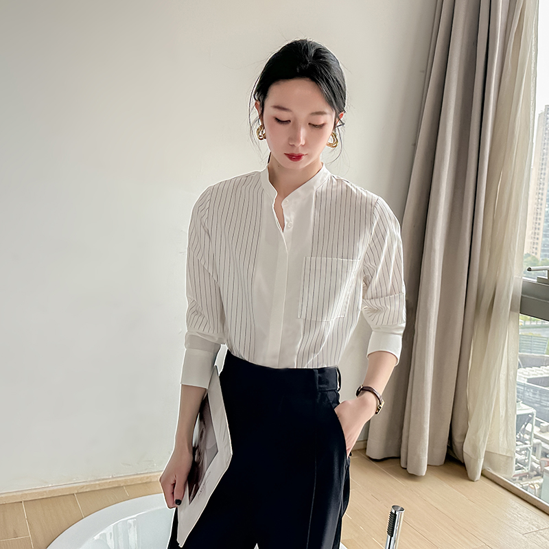 高端立领细条纹衬衫女设计感小众新款2025秋季长袖抗皱职业装上衣