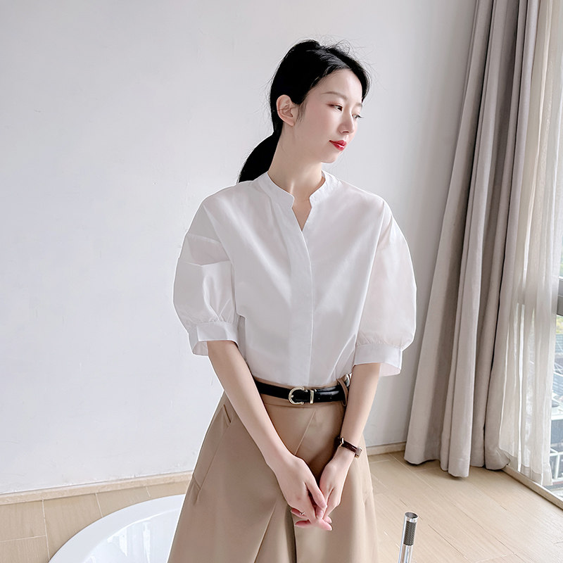 时髦知识分子中袖衬衫女夏季新款通勤高级感立领气质休闲宽松上衣图片