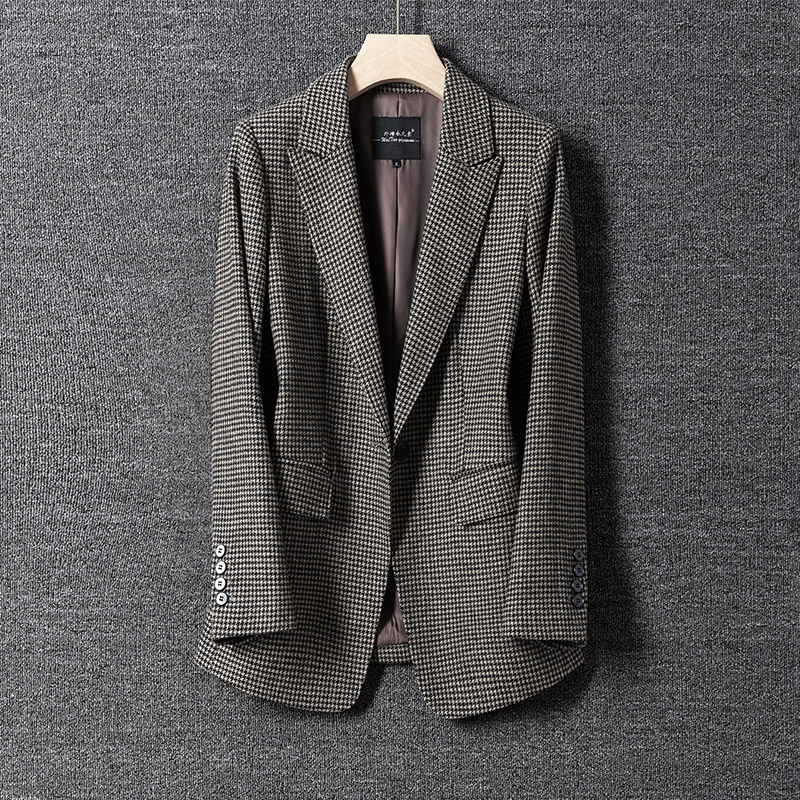 秋冬新款千鸟格羊毛呢西装外套女