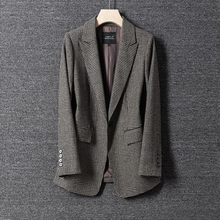 2025秋冬新款羊毛呢西装外套女咖色千鸟格显瘦时尚修身外套女西服