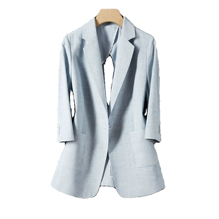 春夏季薄款绿色西装外套女棉麻短款通勤七分袖一粒扣棉亚麻西服