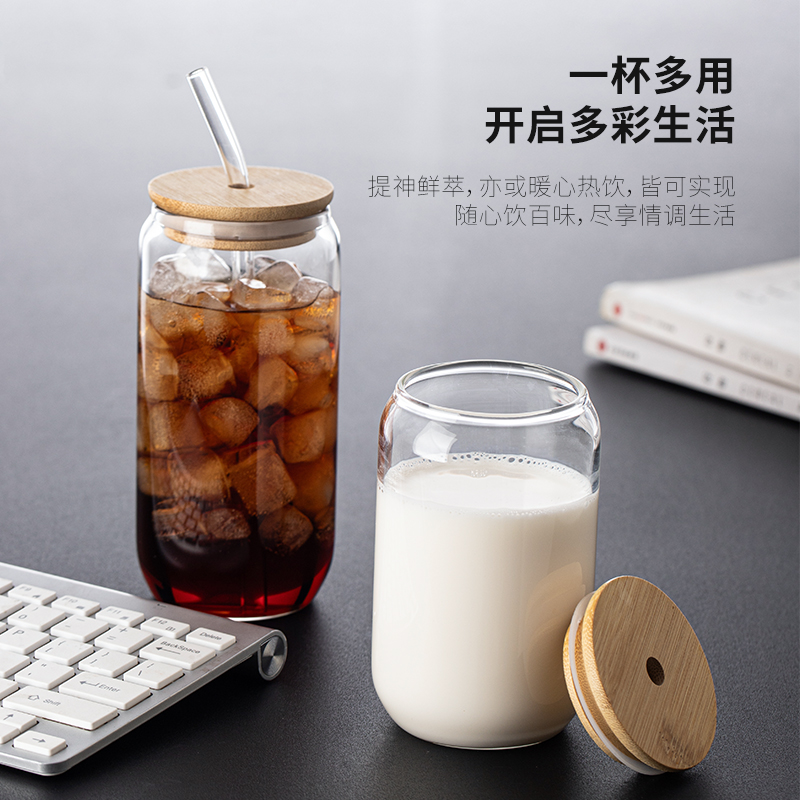 高硼硅玻璃透明大口饮料杯带吸管