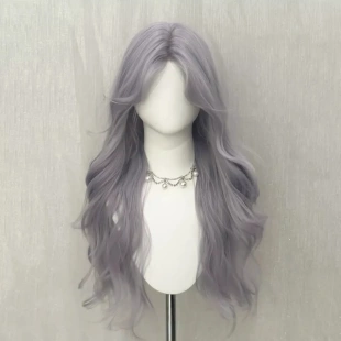 前额蕾丝雾感紫灰色长卷发全头套中分蓬松大波浪日常整顶仿真发套