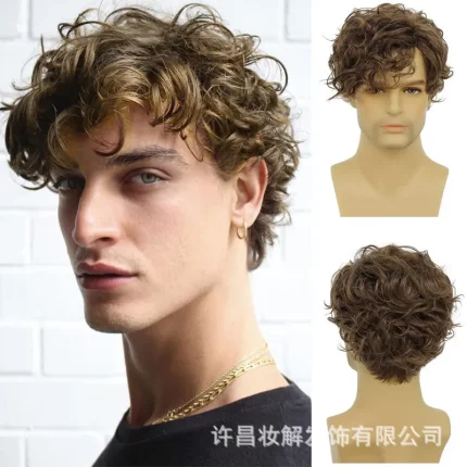欧美新款男发短卷发长刘海短卷男发自然卷蓬松化纤头套