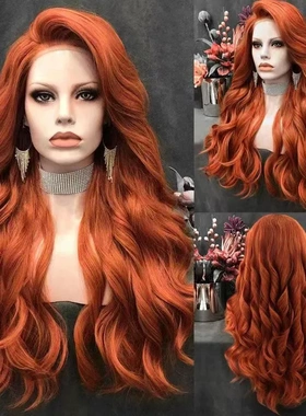 Temu热销欧美假发女士大波浪头套橙色长卷发高温丝化纤wigs头套