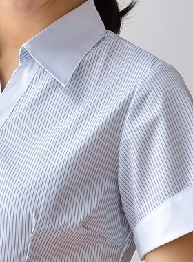 女短袖衬衫蓝色条纹V领马蹄OL职业工作服正装收腰大码胖m气质显瘦