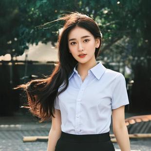 防走光衬衣 蓝色竖纹夏薄短袖 衬衫 女商务上班职业工作装 ol通勤大码