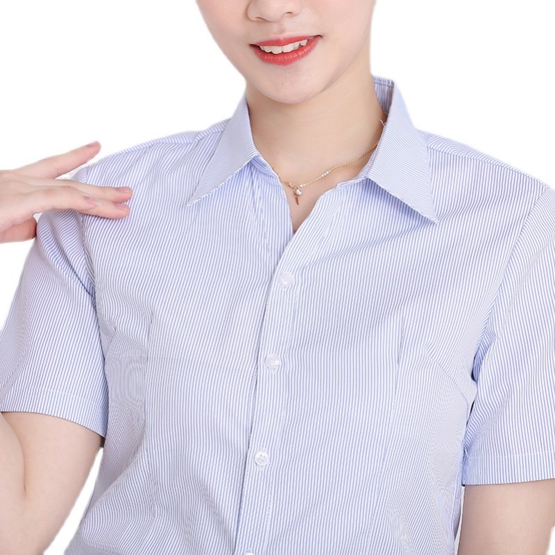 ol女竖纹衬衫白底气质大码职业正装显瘦通勤修身薄衬衣蓝条纹工服