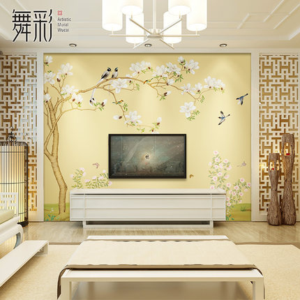 定制现代新中式客厅卧室电视背景墙壁纸无纺布墙纸温馨花鸟墙布