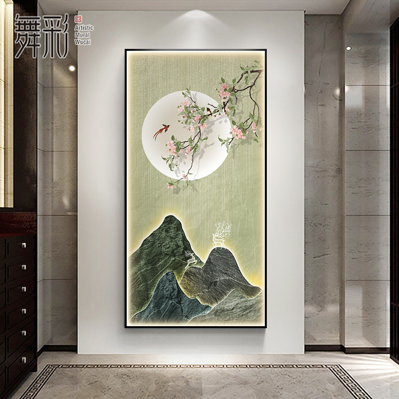 新中式入户玄关装饰画寓意好招财麋鹿山水画客厅楼梯走廊过道挂画图片