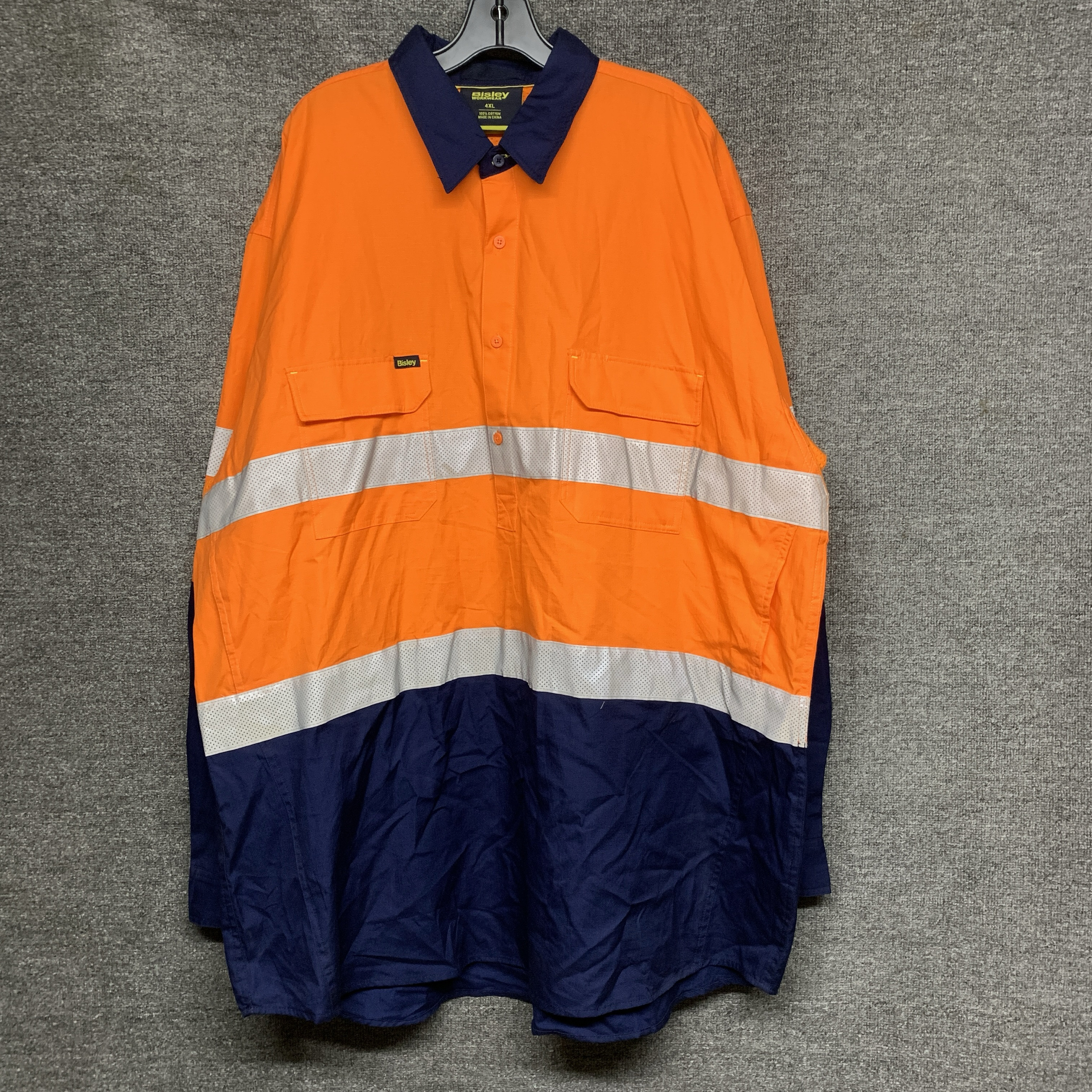 出口澳洲Bisley超薄网格橘色拼色套头衬衣肥特大码4XL孤品处理男