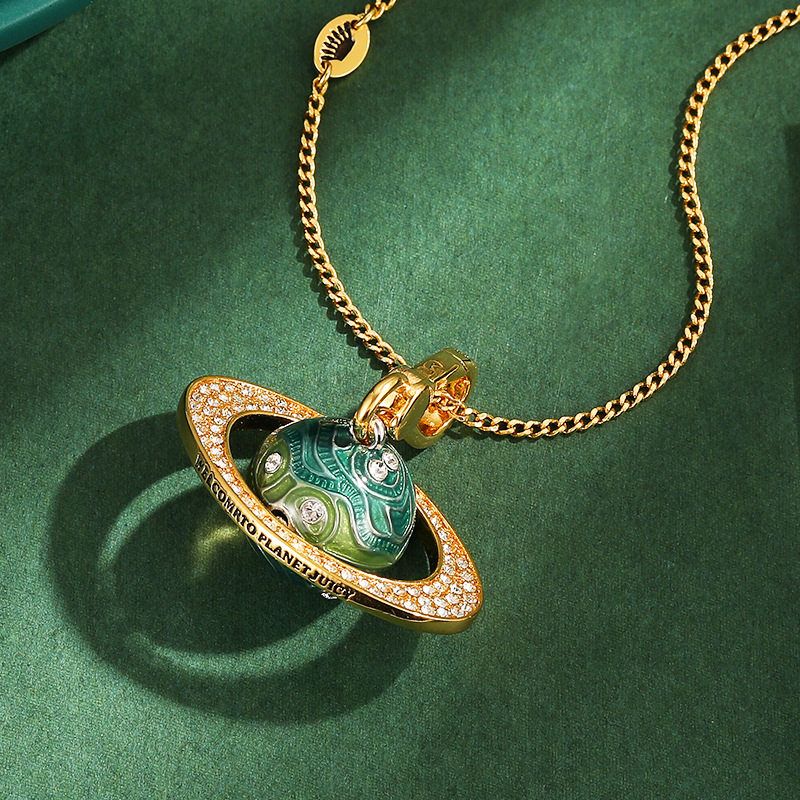 新款跨境立体精致珐琅彩釉镶钻星球吊坠男女同款小行星项链包挂潮