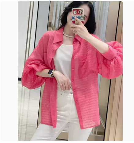 商场同款2025年春夏感活力款防晒廓形宽松长袖透视衬衫女5301019