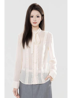 哥家专柜同款2026春季新款设计感木耳边衬衫法式飘带上衣女530150