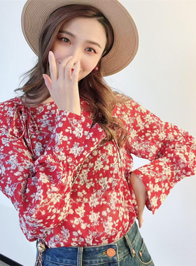 哥家专柜同款2026年春秋复古优雅碎花方领长袖衬衫上衣包邮130012