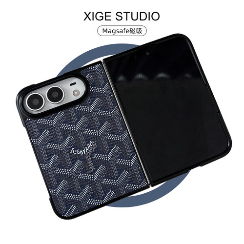高级感深蓝狗牙皮质纹磁吸Magsafe适用于苹果折叠屏手机壳新款iPhone18Duo防摔iPhoneDuo保护套男女款