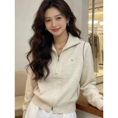 韩版拉链羊毛翻领针织开衫新款法式绵羊毛针织打底衫L107929