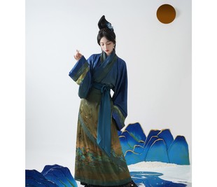 汉服出租清音阁汉服青绿腰千里江山曲裾袍马王堆单绕垂胡袖曲裾袍