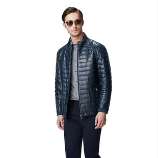 callisto卡利斯特男秋冬羊皮革白鹅绒保暖立领时尚衬衣款羽绒皮衣