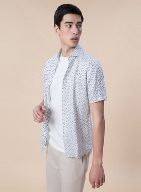 CALLISTO卡利斯特夏季男100%亚麻翻领时尚修身短袖衬衫SMSTS051BK