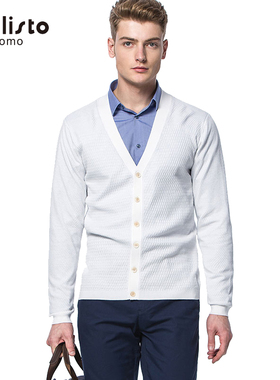 CALLISTO卡利斯特男士白色V领长袖针织开衫时尚毛衣SJKNW012WH