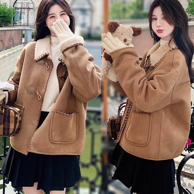 牛角扣麂皮绒羊羔毛外套女冬2025新款小个子皮毛一体短款加厚棉衣
