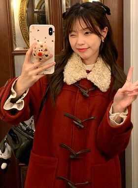 秋冬新款圣诞紧致复古红色毛呢大衣中长款毛领牛角扣时尚呢子外套