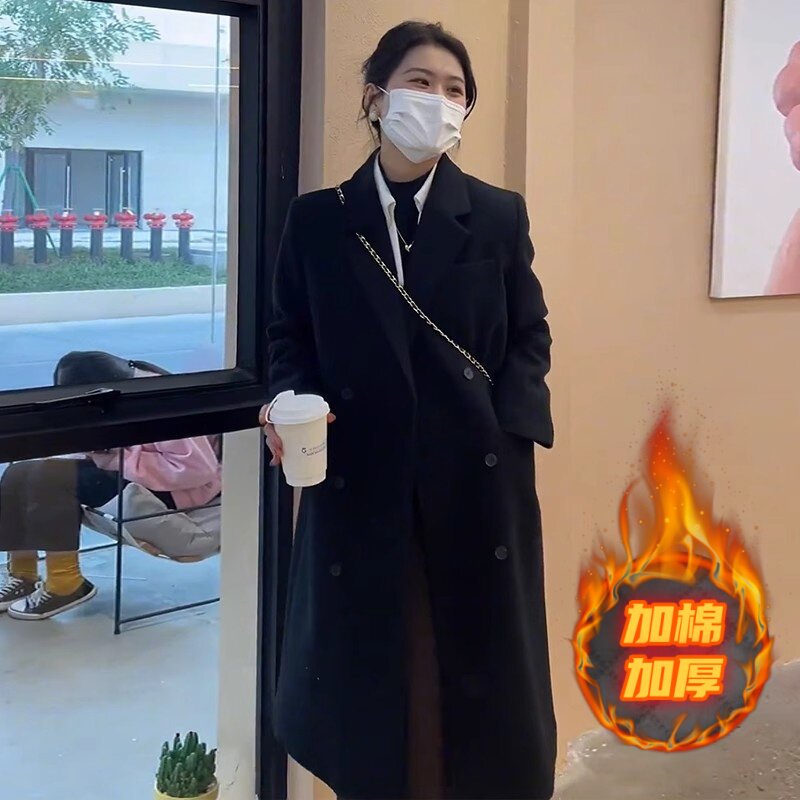黑色毛呢外套女中长款冬季2026韩版赫本风小个子加棉加厚呢子大衣