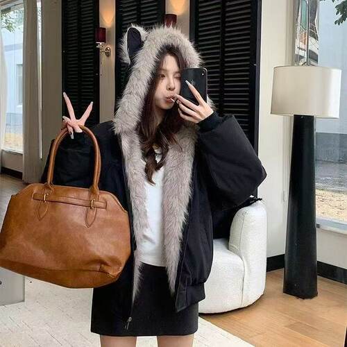 美式复古猫耳朵座山雕外套男女款冬季加厚毛领连帽棉服情侣装棉衣