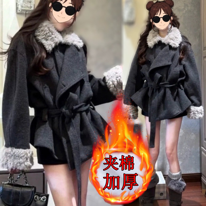 加棉加厚保暖毛领毛袖呢子大衣女秋冬新款外套小个子赫本风高级感