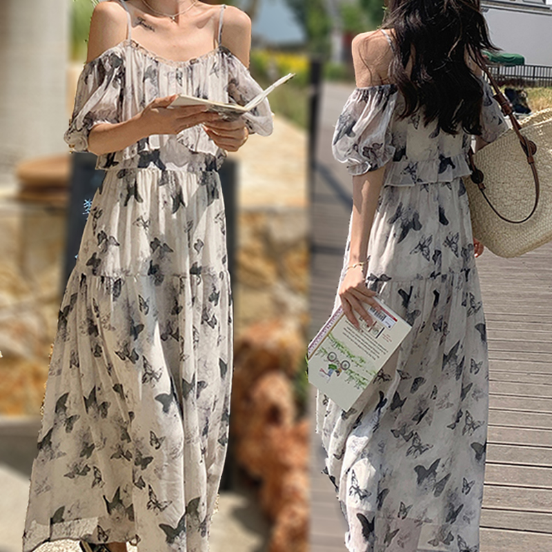 特价轻国风露肩吊带碎花连衣裙女夏季显瘦新款绝美高级感仙女长裙