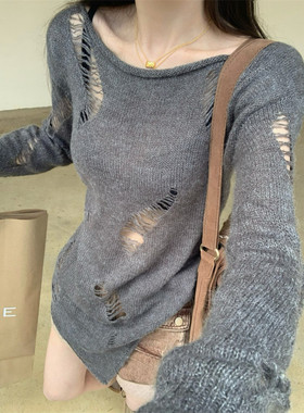 港味防晒罩衫女春季慵懒风新款外搭破洞灰色毛衣设计感针织衫上衣