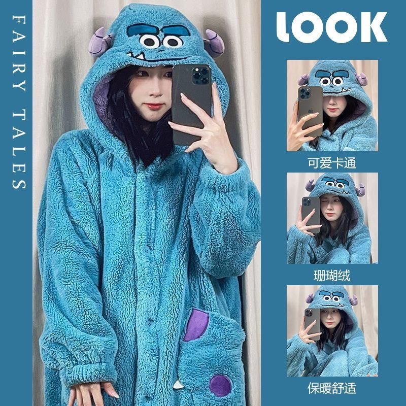 史迪仔卡通情侣网红风睡衣男女秋冬季珊瑚绒长款睡袍男女同款加绒