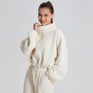 秋冬毛绒绒保暖运动外套女款防风立领加厚宽松瑜伽服休闲卫衣女士