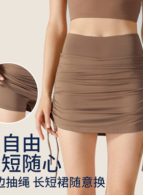 运动短裙女夏假两件健身裙裤女外穿瑜伽裤高腰提臀绑带紧身运动裤