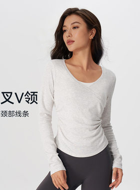 运动T恤女士长袖莱赛尔蝙蝠袖V领瑜伽罩衫户外健身氛围感修身上衣