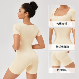 女士裸感瑜伽连体裤夏季欧美方领紧身速干健身运动连体衣服女短袖