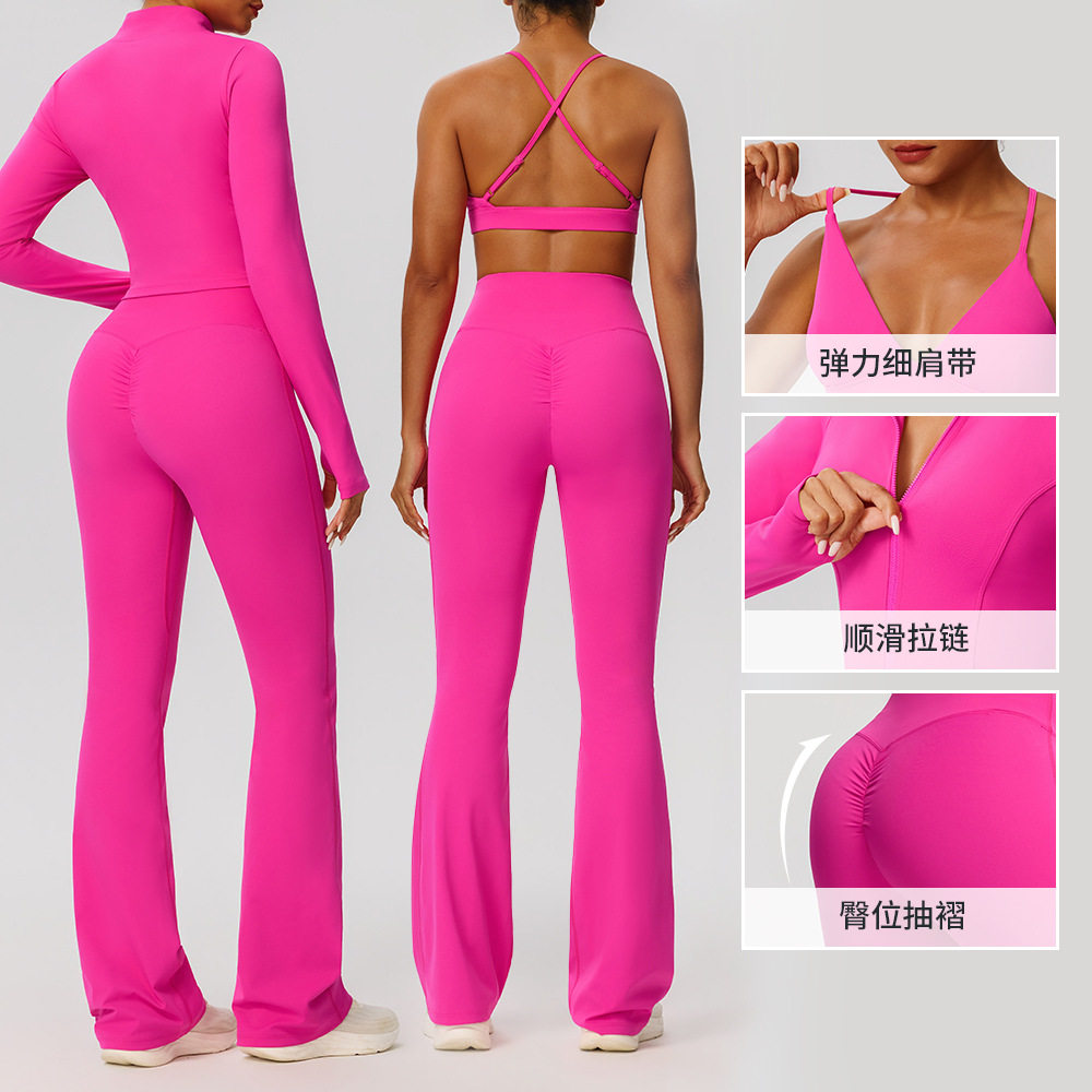 欧美瑜伽服套装女士运动套装裸感透气文胸跑步健身外套长裤三件套