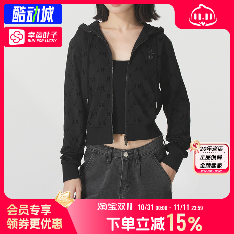 MLB官方女款小logo钻石老花连帽拉链纯色休闲卫衣25秋季新款TRM01