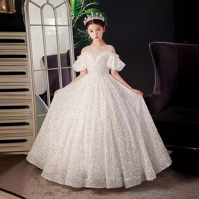 儿童礼服公主裙2025新款白色亮片主持人礼服女童高端走秀钢琴表演