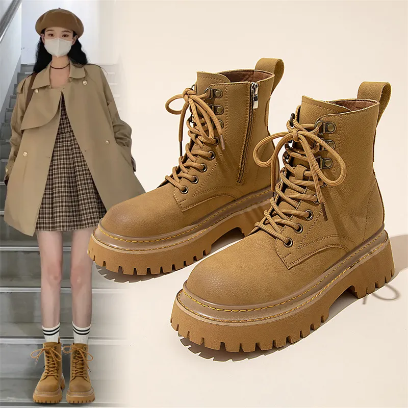 大黄蜂马丁靴女2023新款马丁靴厚底靴子女冬季加绒英伦小短靴