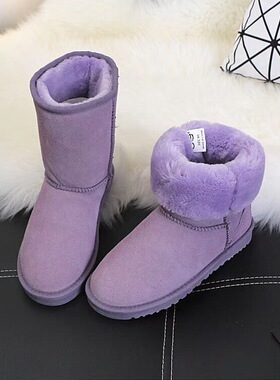 包邮CE雪地靴女真皮钢标中筒加厚靴牛筋底保暖女靴子学生棉鞋紫色
