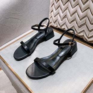 欧美罗马鞋 黑色平底防滑细带粗跟露趾法式 潮 女夏季 真皮一字带凉鞋