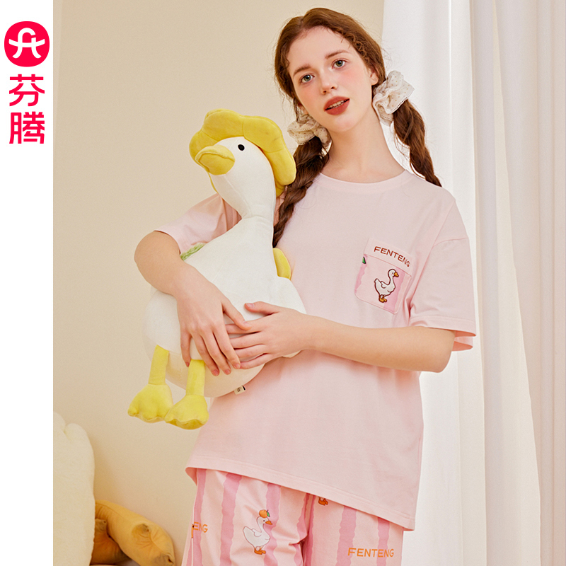 芬腾夏季纯棉短袖抗菌凉感睡衣女