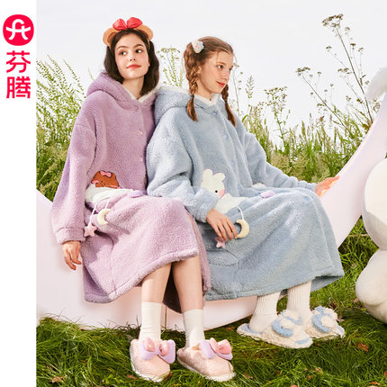 芬腾布朗熊睡袍女珊瑚绒连帽秋冬季睡衣加绒加厚法兰绒休闲家居服
